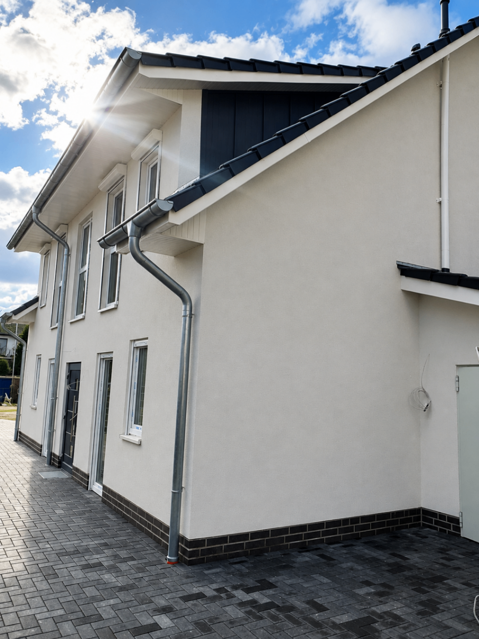 Fertiggestellte seitliche Gebäudeansicht des Wohnobjekts